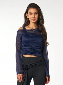 杏色露肩网眼二合一喇叭袖长袖女式上衣，西方、复古、70 年代、单身女郎