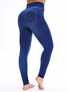 女士时尚休闲弹力紧身牛仔效果蓝色高弹力紧身裤，适合健身、户外慢跑、健身房锻炼、瑜伽、徒步探险等 7/8 长裤 - 藍色 - 查看 4