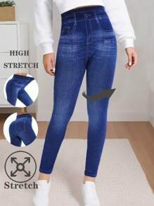 女士时尚休闲弹力紧身牛仔效果蓝色高弹力紧身裤，适合健身、户外慢跑、健身房锻炼、瑜伽、徒步探险等 7/8 长裤 - 藍色 - 查看 1