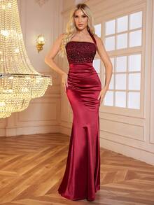 女士红色缎面亮片拼接露肩露背系带长款美人鱼礼服，高端派对、宴会、婚纱 - 酒紅色 - 查看 6