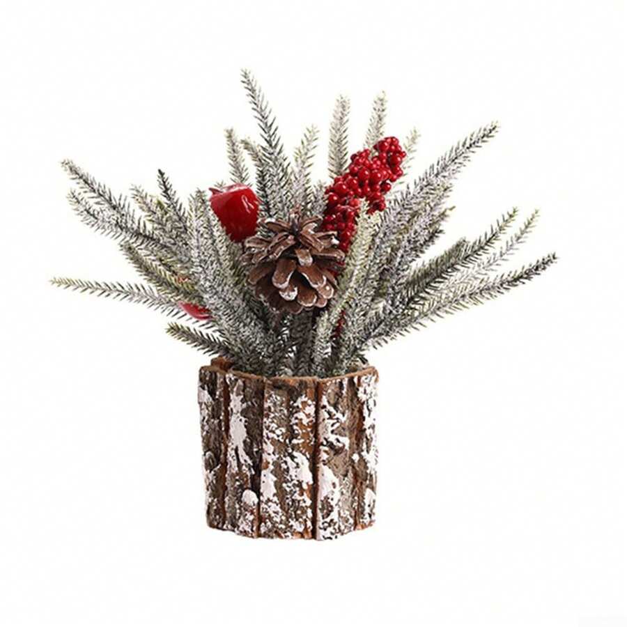 10.63 Inches Tabletop Christmas Tree Snow Flocked Small Artificial Tree With Pinecone Berries Desk Decor For Fireplace Home Party - Red - View 1