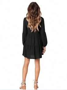 Women's V-Neck Puff Sleeve Short Dress - 黑色 - 查看 4