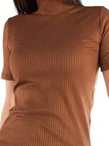Basic Blouse High Neck Short Sleeve Ribbed Women's - 鏽棕色 - 查看 2