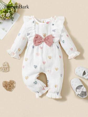 BrownBark 女婴/男婴爱心印花双面柔软连体衣，休闲日常穿着，户外运动皆宜，长袖连体衣