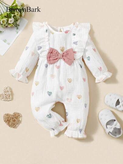 BrownBark Pelele reversible suave con estampado de corazón para bebé niña/niño, uso casual diario, al aire libre y deportes, mono de manga larga