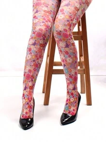 1双女士花朵、蝴蝶和爱心印花连裤袜，舒适保暖