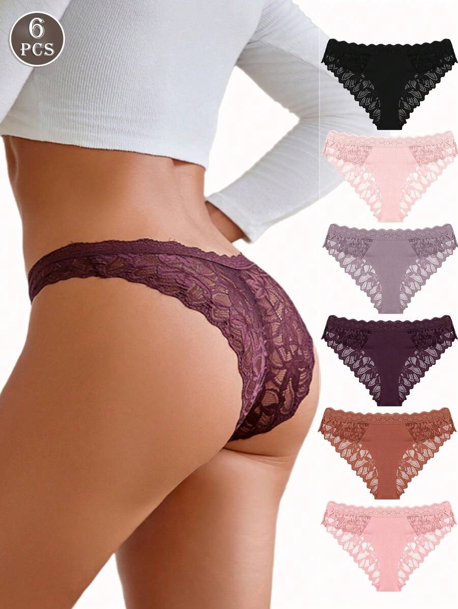 FINETOO 6 pièces Culottes tanga sexy ajourées en patchwork à motif de dentelle pour femmes