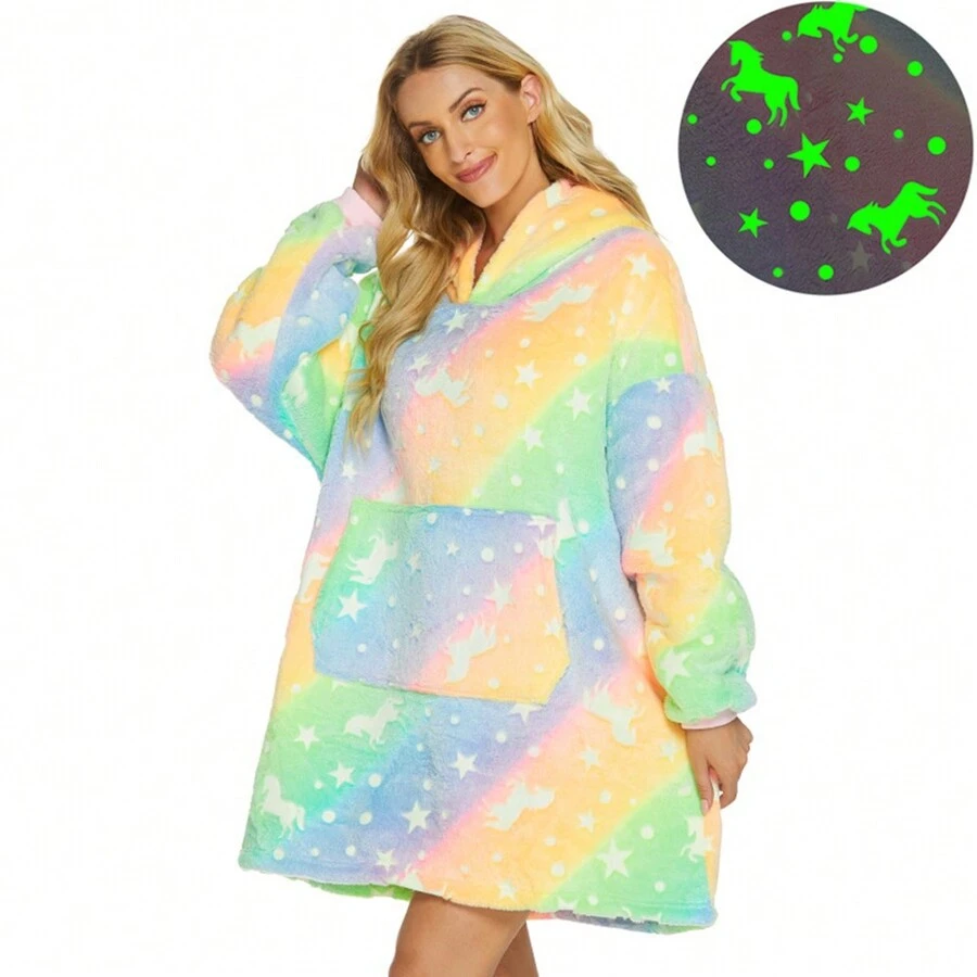 Oversized Microfiber Wearable Blanket,Night Light-One Size Fits All-Elongated Blanket Hooded Casual Homewear Top-88cm/150cm - Orange - View 1