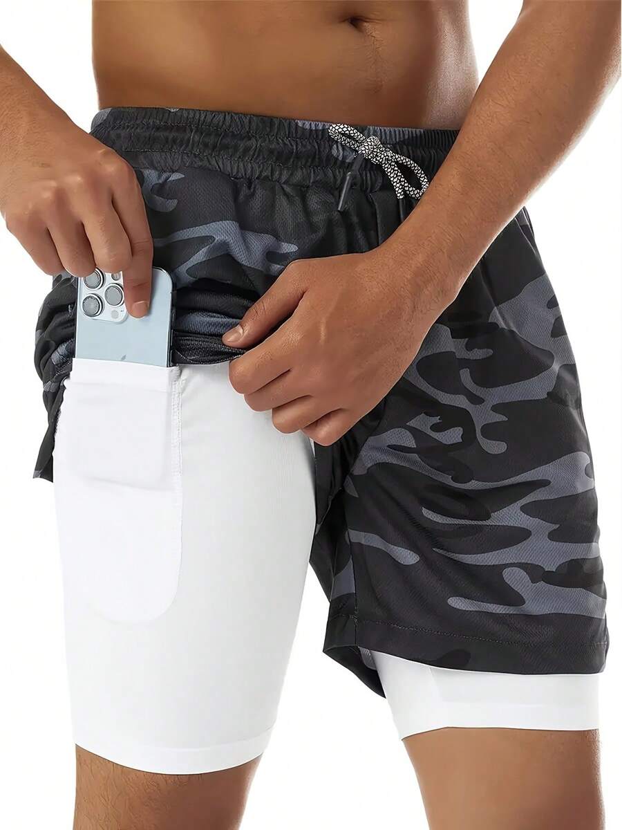 Pantalones cortos de doble capa 2 en 1 para hombre, pantalones cortos deportivos ligeramente elásticos para entrenamiento en el gimnasio en verano - camuflaje gris - Ver 1