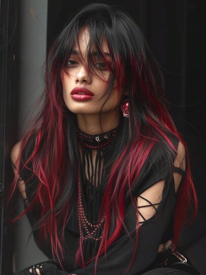 Parrucca sintetica multicolore con frangia, mix di nero e rosso, lunga e riccioluta, adatta per donne, uso quotidiano, feste, cosplay, Natale