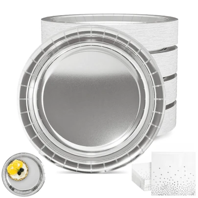 Srebrne talerze papierowe serwetki, 7"/9" folia srebrne talerze jednorazowe, talerze imprezowe, talerze deserowe na ciasto, zastawa stołowa, zestaw obiadowy, artykuły na codzienne posiłki, urodziny, baby shower, święta, piknik, ukończenie szkoły, kolacja weselna