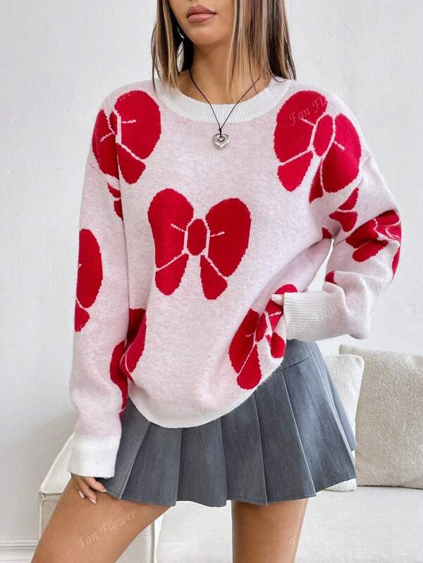 Suéter suelto tejido con diseño de lazo y hombros caídos para mujer, para el Día de San Valentín
