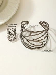 2入組歐美創意金屬設計空心葉形開口戒指和手鐲套裝，適用於女士珠寶 - 金黃色 - 查看 9