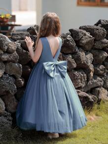 Tween Girl Gray-Blue Bridesmaid Dress Backless Big Bow Long Formal Gown - Blue - View 4