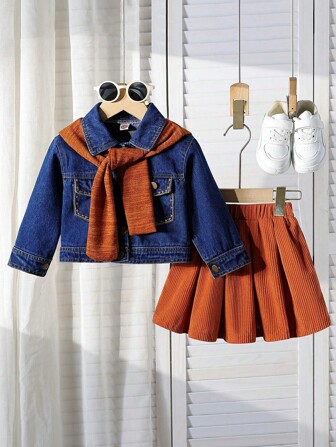 3 件套，年轻女孩时尚休闲刺绣牛仔夹克 + 纯色迷你裙 + 配套披肩