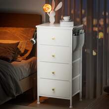 GINRGINR Tall Drawer Dresser For Bedroom, 4 Storage Drawers For Room Decor, Tall Fabric Closet Chests Organizer Tower Furniture With Wooden Top Golden Handle Metal Frame For Clothes, Furniture, 11.8"D X 15.7"W X 31.7"H - White with Hook & Side Pockets - 查看 7