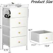 GINRGINR Tall Drawer Dresser For Bedroom, 4 Storage Drawers For Room Decor, Tall Fabric Closet Chests Organizer Tower Furniture With Wooden Top Golden Handle Metal Frame For Clothes, Furniture, 11.8"D X 15.7"W X 31.7"H - White with Hook & Side Pockets - 查看 5