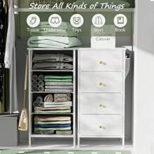 GINRGINR Tall Drawer Dresser For Bedroom, 4 Storage Drawers For Room Decor, Tall Fabric Closet Chests Organizer Tower Furniture With Wooden Top Golden Handle Metal Frame For Clothes, Furniture, 11.8"D X 15.7"W X 31.7"H - White with Hook & Side Pockets - 查看 2