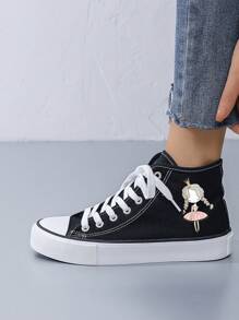 Women's Creative Braid Princess Print Mid-Top Flat Canvas Shoes, Minimalist Style, Suitable For All Seasons, Black Canvas Material, Casual Sneakers
