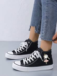 Women's Creative Braid Princess Print Mid-Top Flat Canvas Shoes, Minimalist Style, Suitable For All Seasons, Black Canvas Material, Casual Sneakers