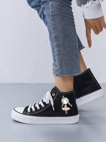 Women's Creative Braid Princess Print Mid-Top Flat Canvas Shoes, Minimalist Style, Suitable For All Seasons, Black Canvas Material, Casual Sneakers