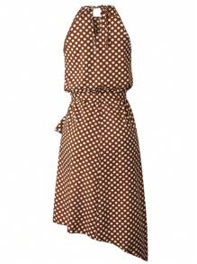 Graduation Womens Polka Dot Tie Waist Irregular Cocktail Midi Dresses Sleeveless Halter Neck Sexy Sundress - 咖啡棕 - 查看 4