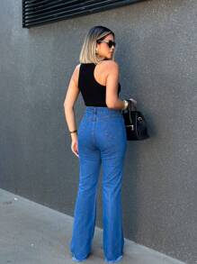 Kissmelady 8323 Women's Flare Jeans Mom Pants Without Belt 8323 - Blue - View 2