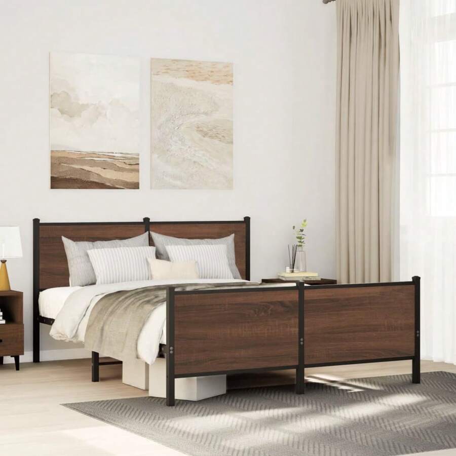 Sturdy Brown Oak King Size Metal Bed Frame 150x200 Cm Modern Design - Brown - View 1