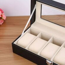 Watch Box, 6 Slots PU Leather Storage Organizer For Watch Lockable Watch Case Organizer Jewelry Display Box With Protective Belt 6 Removable Pillows Framed Glass Lid For Men Women - Black - View 8