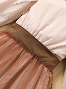 1pc Tween Girls Long Sleeve Polo Collar Waist Ribbon Mesh Contrast Dress