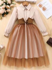 1pc Tween Girls Long Sleeve Polo Collar Waist Ribbon Mesh Contrast Dress