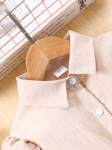 1pc Tween Girls Long Sleeve Polo Collar Waist Ribbon Mesh Contrast Dress