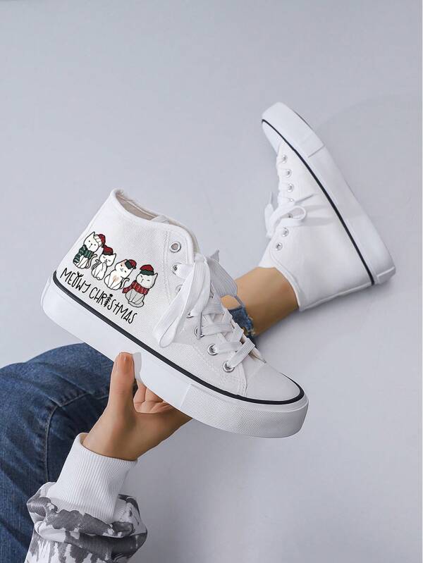 Women's Creative Christmas Cat Print Mid-Top Flat Canvas Shoes, Simple Style, White Canvas Material, Casual Daily Sneakers