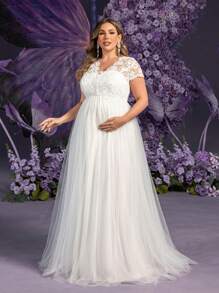 Faeriesty Dressalisa Plus-Size Elegant V-Neck Lace-Paneled Maternity Gown With Tulle A-Line Skirt – Baby Shower Dress For Special Occasions | Perfect For Wedding Guest Attire, Christening Ceremonies, Bridal Showers, Formal Luncheons & Maternity Portraits - White - View 7