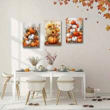 Art Life Home 3PCS Autumn Pumpkin Wall Art 3 Pieces Rustic Pumpkin Sunflower Wrapped Canvas Prints Fall Themed Canvas Thanksgiving Pictures Farmhouse Kitchen Decor No Frame