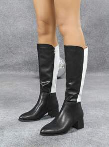 Thick Heel Round Toe High Heel Boots With Side Zipper, Thermal Lined Knee-High Riding Boots, Winter - Black - View 2