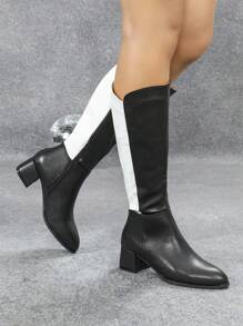 Thick Heel Round Toe High Heel Boots With Side Zipper, Thermal Lined Knee-High Riding Boots, Winter - Black - View 6