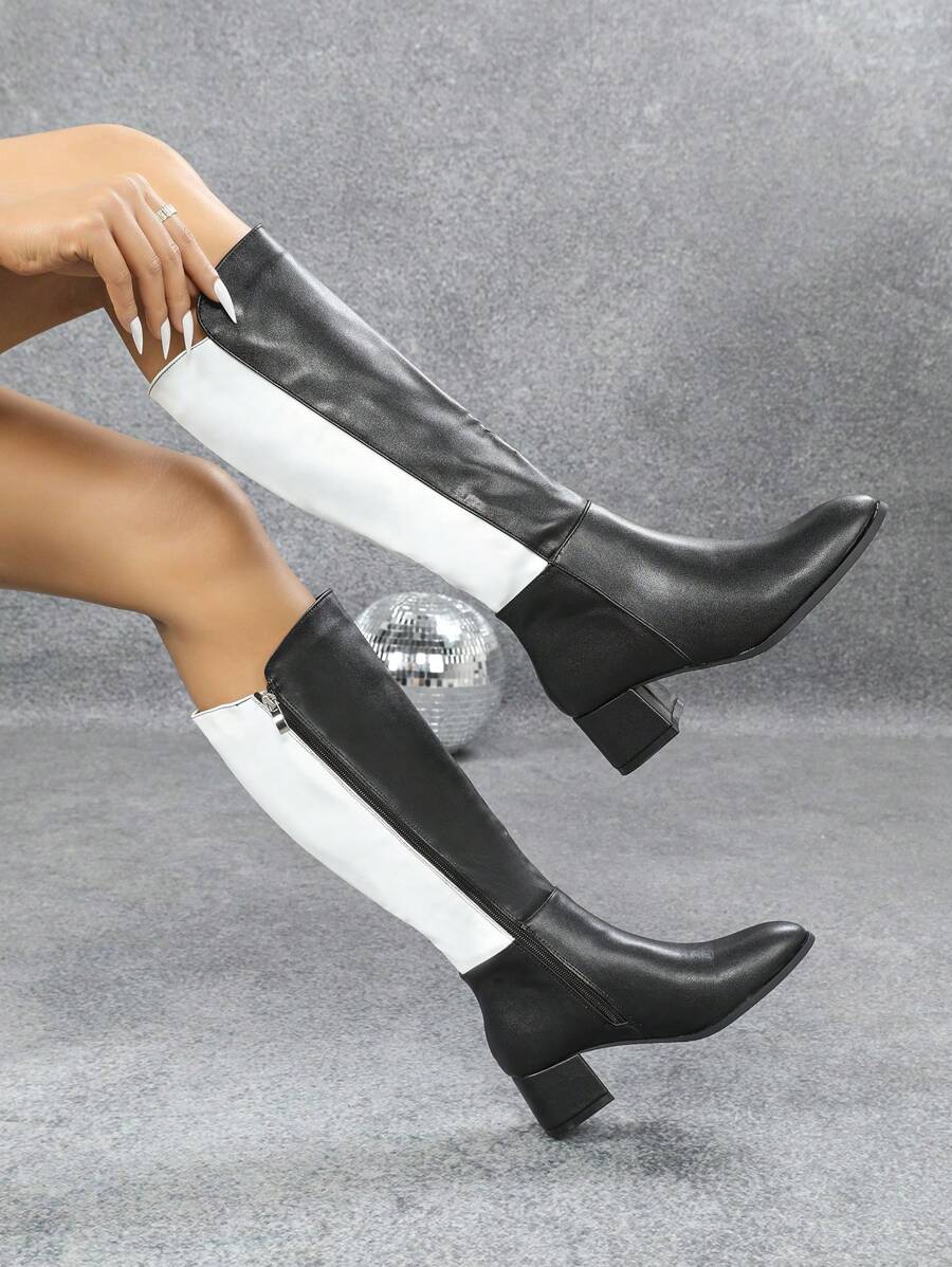 Thick Heel Round Toe High Heel Boots With Side Zipper, Thermal Lined Knee-High Riding Boots, Winter - Black - View 1