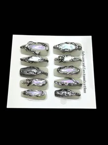 Handmade Green Ombre False Nails With 3D Silver Striped Rhinestone Design, Glossy Ballet Shape Chic And Sweet False Nails Suitable For Women And Girls Handmade Press On Nails - Multicolor - View 7