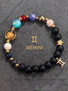 12 星座手链 - 白羊座、金牛座、双子座、巨蟹座、狮子座、处女座、天秤座、天蝎座、射手座、摩羯座、水瓶座、双鱼座、女士/男士礼物、虎眼石串珠手链、友谊礼物、创意星球手链、圣诞节、新年、情人节节日礼物