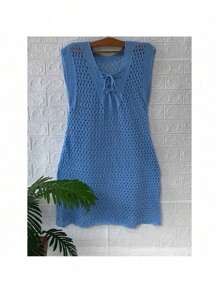 Women's Plus Size Knitted Beach Cover-Up - Ferret Knitted Beachwear - Luxury Crochet Bath Cover-Up - 淺藍色 - 查看 2