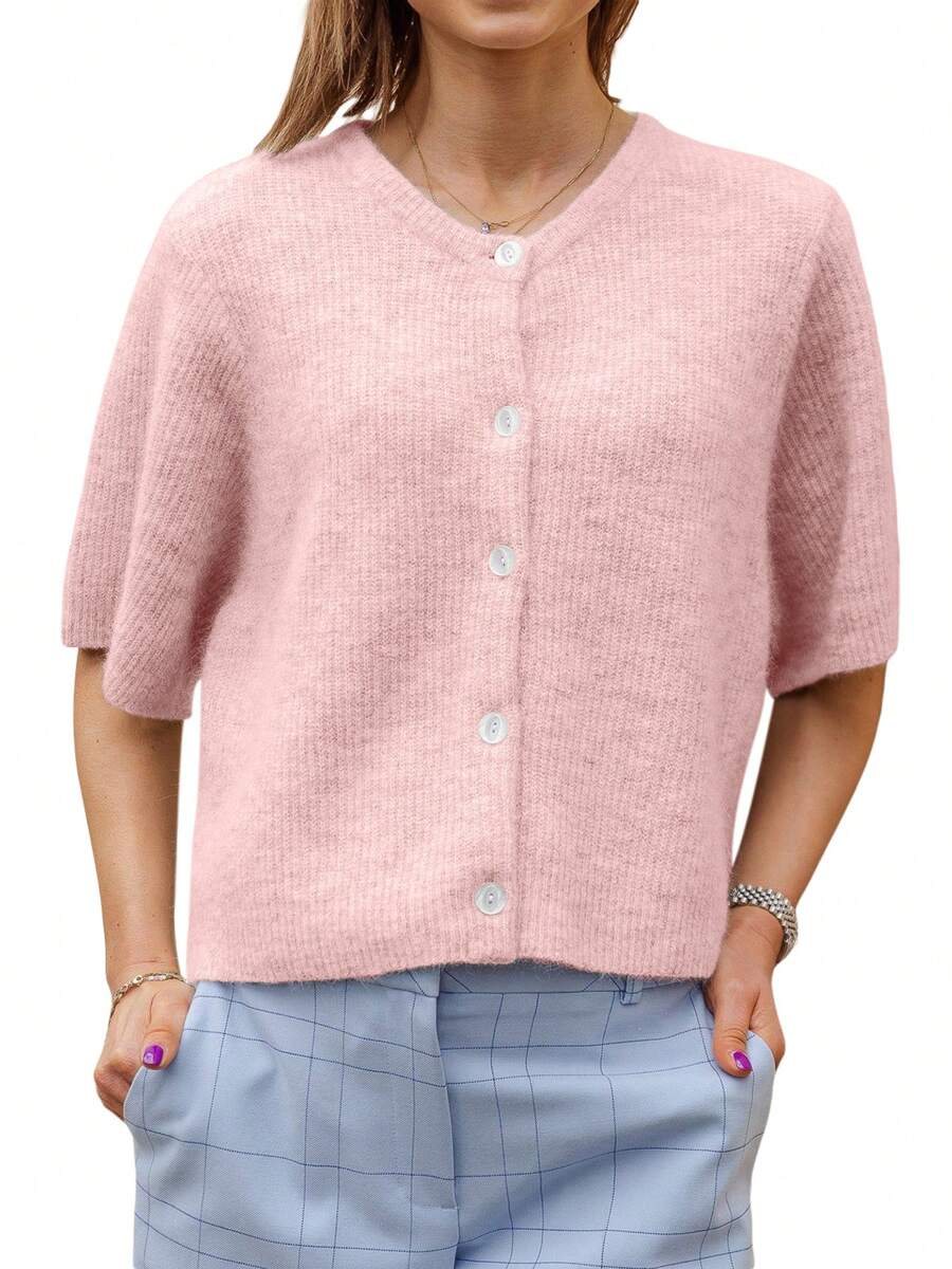 Women's Solid Color Cardigan Short Sleeve Round Neck Button Down Sweater Knit Tops - Rosa brillante - Ver 1