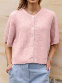 Women's Solid Color Cardigan Short Sleeve Round Neck Button Down Sweater Knit Tops - Rosa brillante - Ver 2