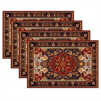 4 件亚麻布复古波西米亚风格几何花卉印花餐垫，花卉餐垫适用于厨房、餐厅和餐馆、厨房配件