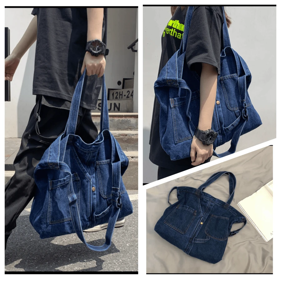 Casual Commuting Denim Canvas Bag Shoulder Bag, Preppy Couple Leisure Bag, Large Capacity, Lightweight And Soft - 深藍色 - 查看 1