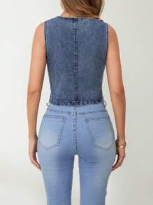 Women Y2K Button Down Denim Vest Vintage Sleeveless V Neck Jean Corset Crop Tank Top Fitted Cowgirl Streetwear - 水鴨藍 - 查看 9