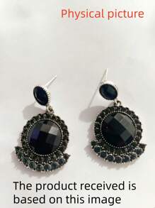 1pair Luxury Heavy Duty Black Glass Crystal Vintage Earrings, Fashionable Exaggerated Personalized Ear Drops For Women Daily Wear - Black Pendant - View 2