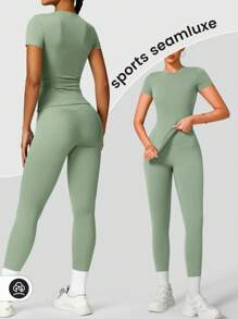YEIFIN Set de chándal de 2/4 piezas con camiseta de cuello redondo y malla de cintura alta, camiseta deportiva cómoda y pantalones pitillo para yoga, gimnasio y entrenamiento, ropa deportiva de verano para vuelta al cole, chándales para mujer, conjunto de estilo urbano para primavera y verano