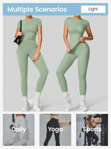 YEIFIN Set de chándal de 2/4 piezas con camiseta de cuello redondo y malla de cintura alta, camiseta deportiva cómoda y pantalones pitillo para yoga, gimnasio y entrenamiento, ropa deportiva de verano para vuelta al cole, chándales para mujer, conjunto de estilo urbano para primavera y verano