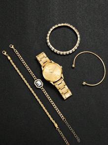 5pcs/Set Women's Fashion Minimalist Roman Scale Dial Quartz Watch & Bracelet Set - Gold - View 4